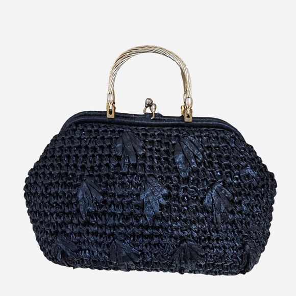 Source Unknown Handbags - 50s 60s cottagecore twee black raffia handbag made in italy